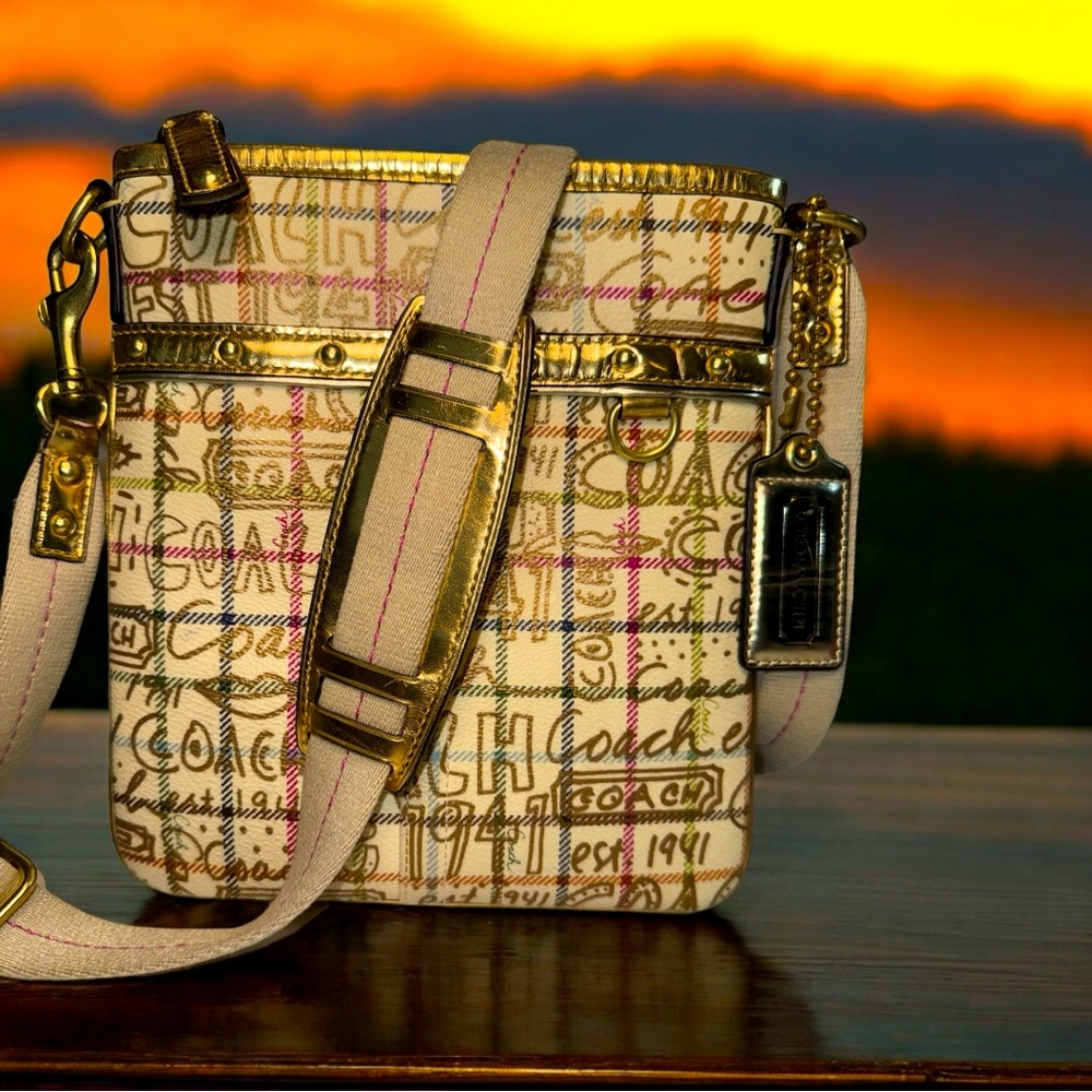 Coach Tattersall Gold Metallic Graffiti PVC Leather Trim Swingpack Cross…